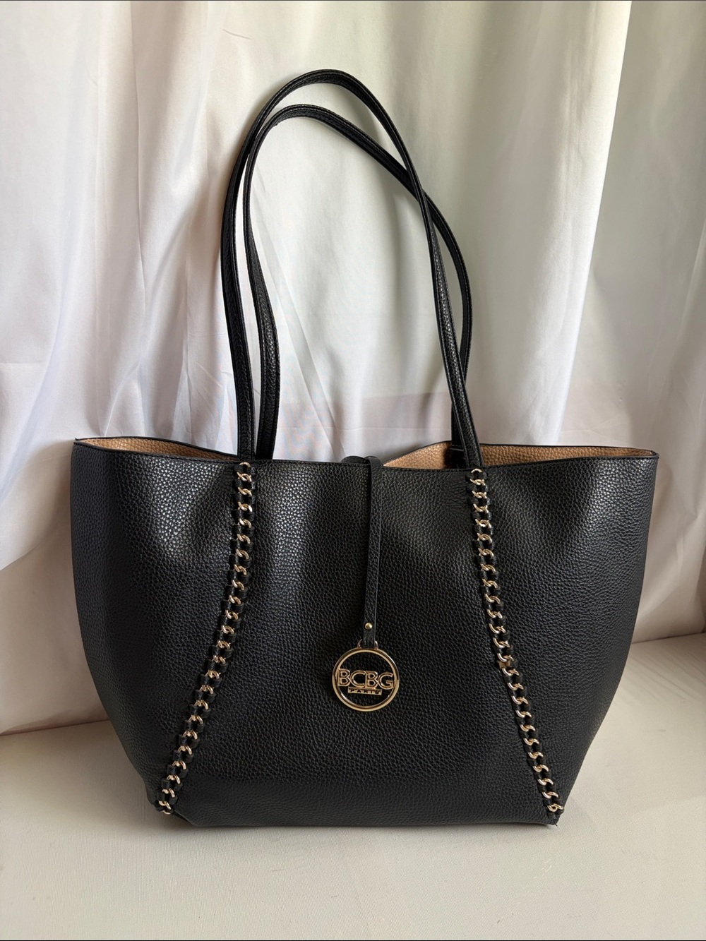 BCBG Paris Black Tote with Gold Chain Accents